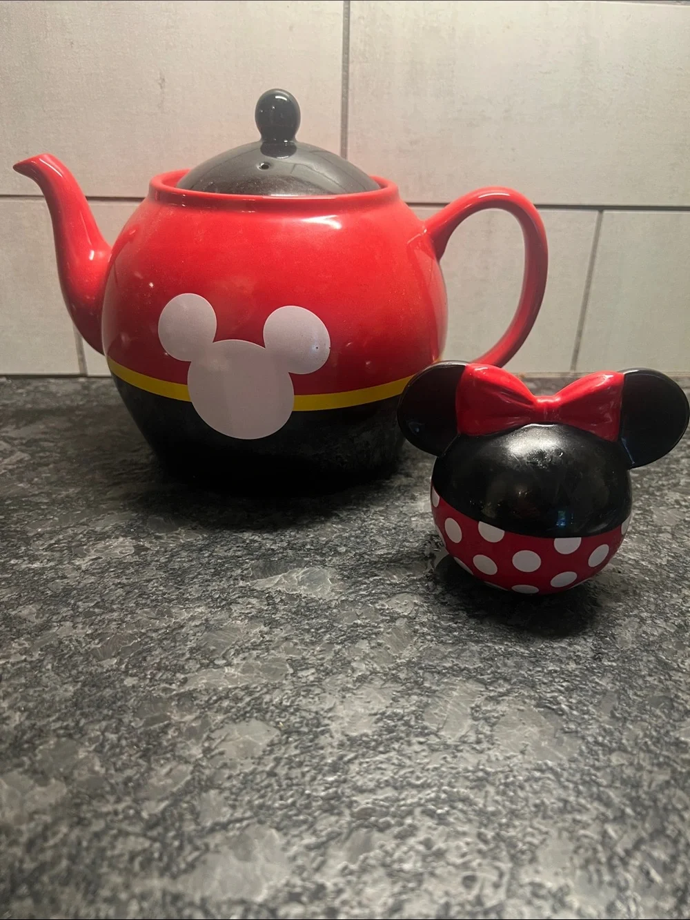 Disney Mickey Mouse Ceramic Tea pot. New with tags.  Minnie Mouse salt shaker.